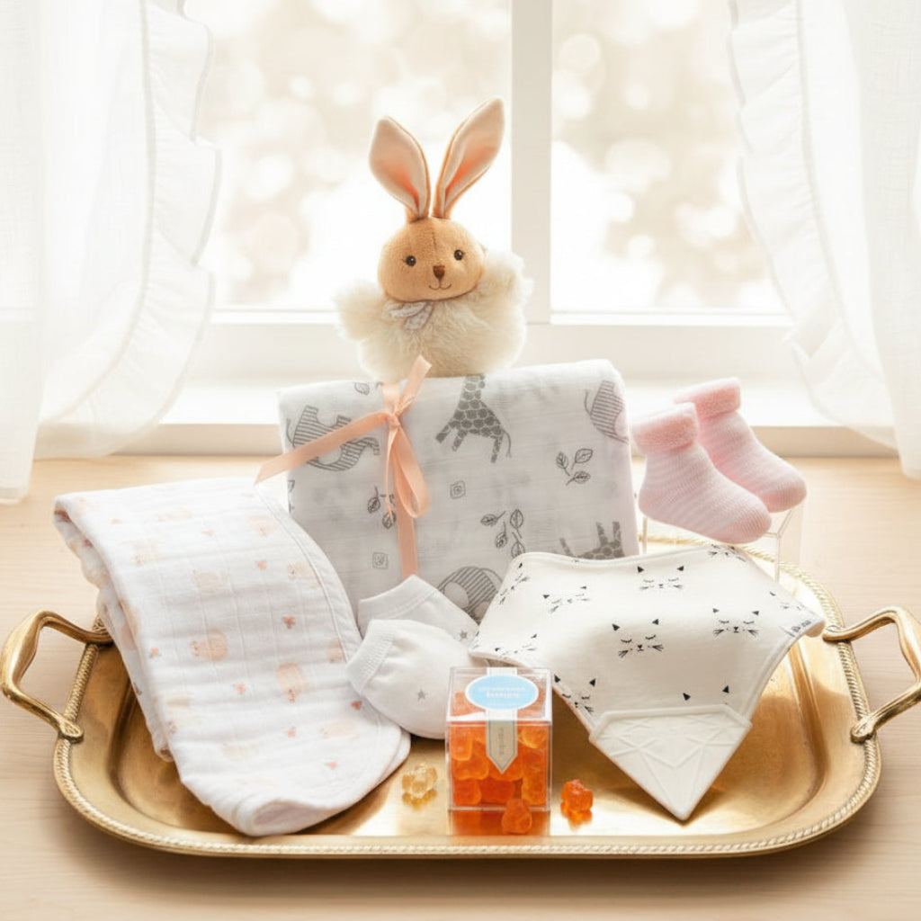 baby girl gift ith bib, burp pad. scratch mittens, swaddle blanket, socks and Sugarfina gummie bears.