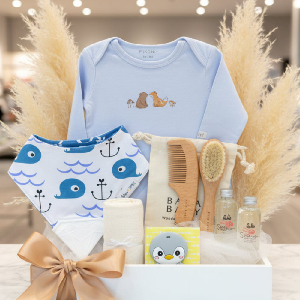 bébé le Blu - cadeau naissance pour bébé garçon, avec body, bavoir, peigne et brosse en bois.