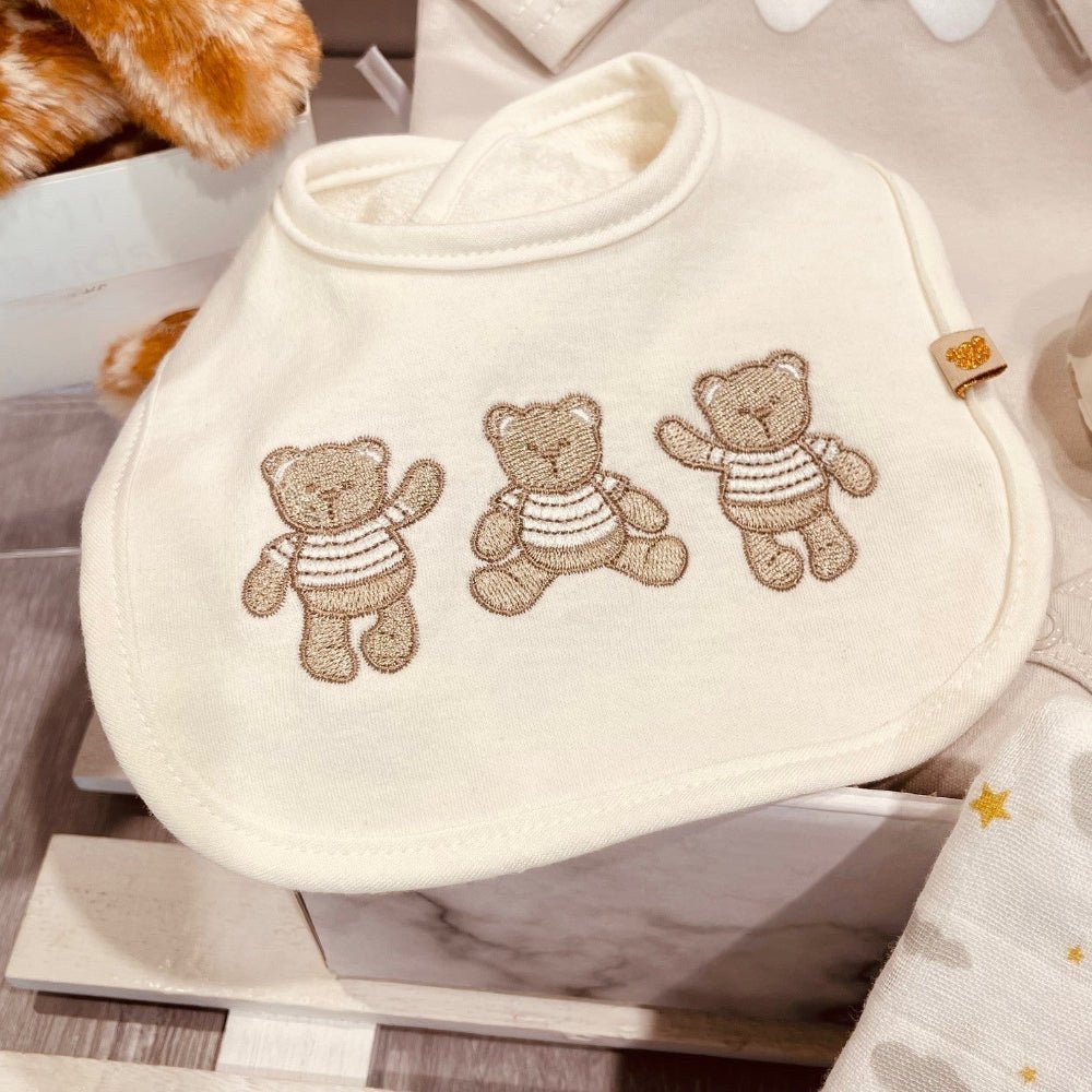 bavoir pour bébé appliquées de trois ourson en fils lurex brillants, Dolce Cadeaux