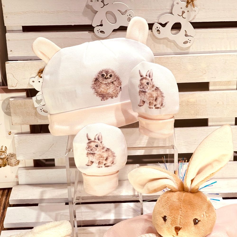 Baby girl gift set with double-sided print hat and mittens and Kaloo bunny lovey