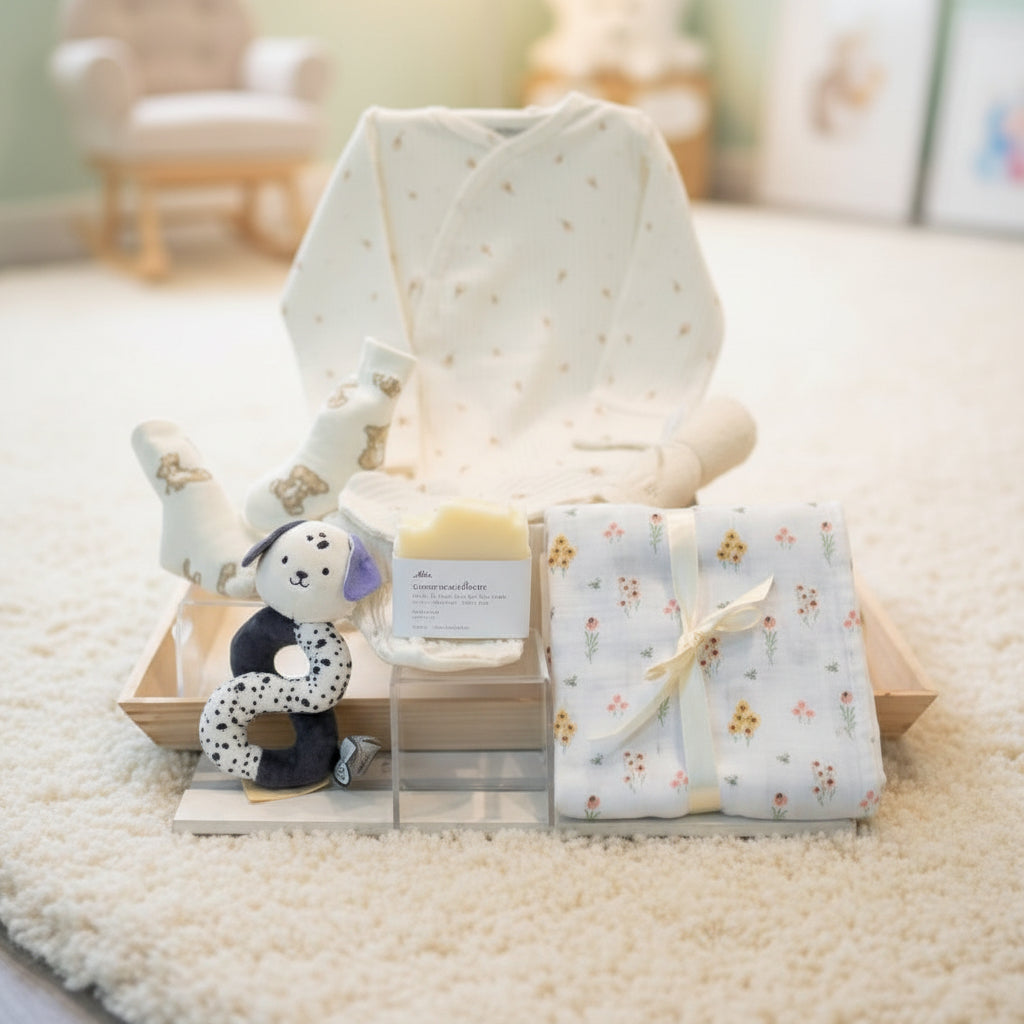 baby gift with swaddle blanket, bodysuit, socks, soap and washcloth with Kaloo plush toy