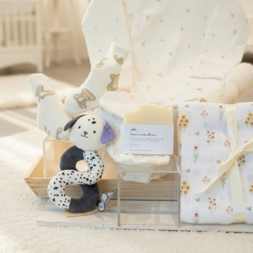 baby gift with swaddle blanket, bodysuit, socks, soap and plush kaloo toy.