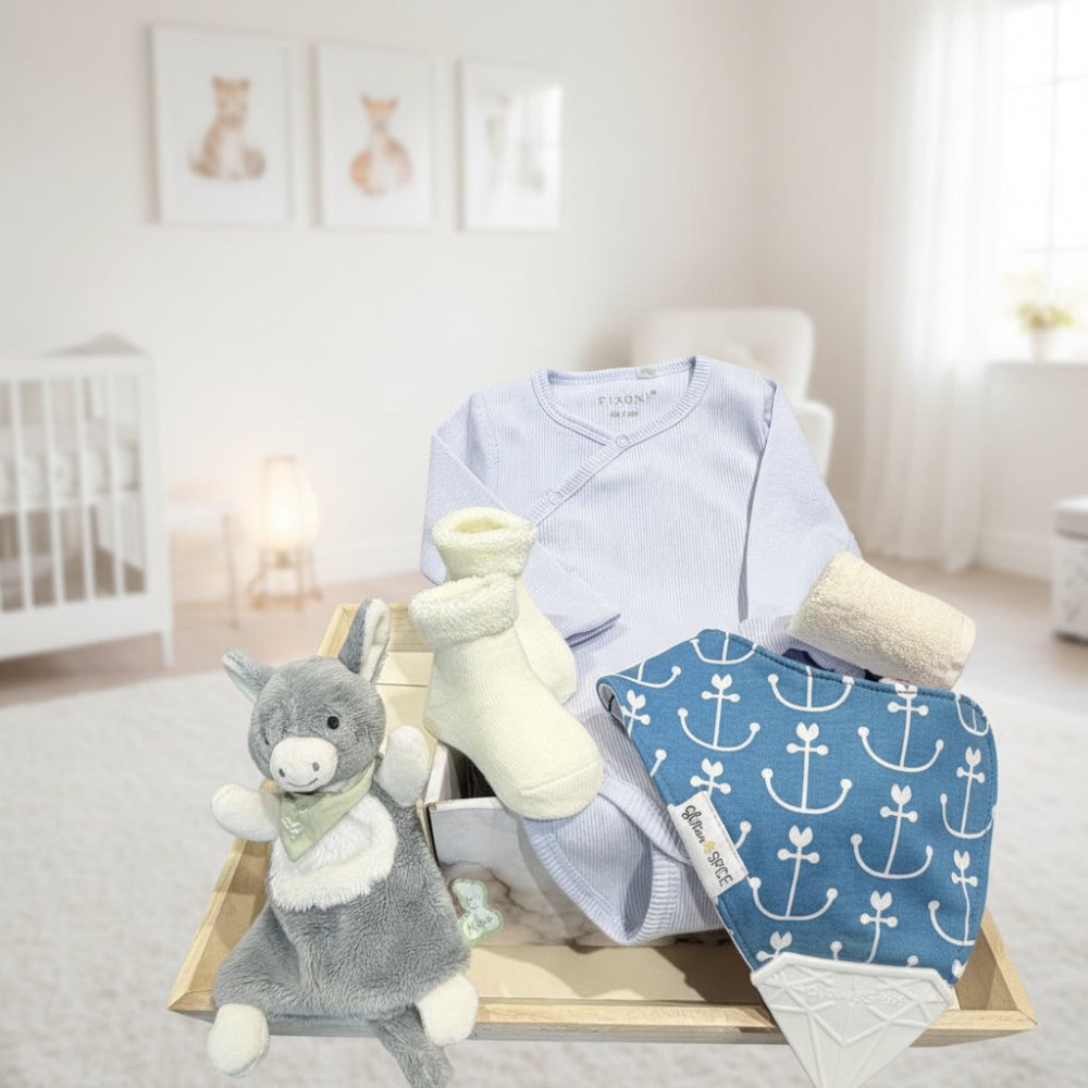 baby gift with bandana bib, Kaloo plush toy, pair of socks, bamboo washcloth, wrap bodysuit orgainc cotton and soap and bubble bath.