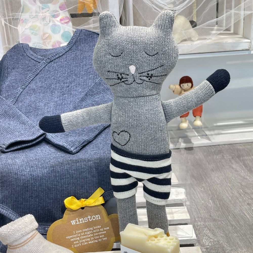 baby boy gift made from organic cotton-Winston cat plush toy, handmade sopa and soft knit booties
