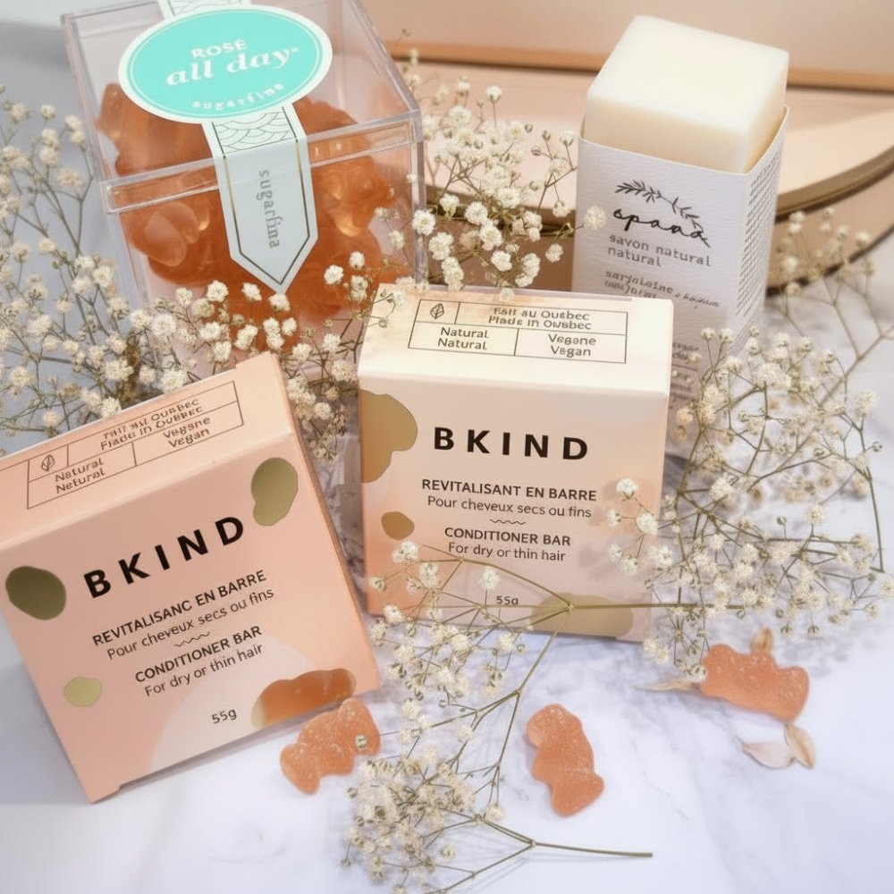 Bkind conditioner and shampoo bar, vegan products, sugarfina bear gummies, spa handmade soap and preserved rose