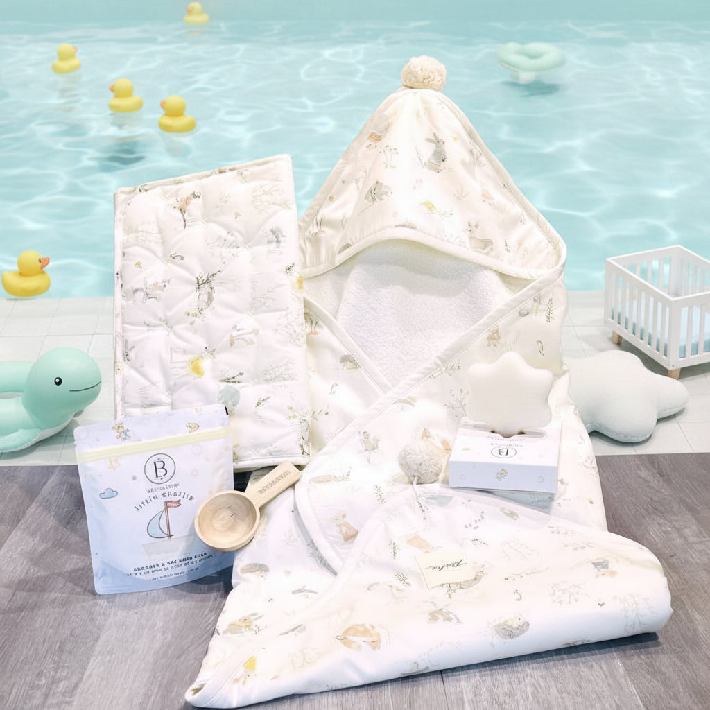 coffret cadeau bébé avec serviette de bain a capuchon, tapis à langer portable, éponge konjac, bain d'avoine, Dolce Cadeaux