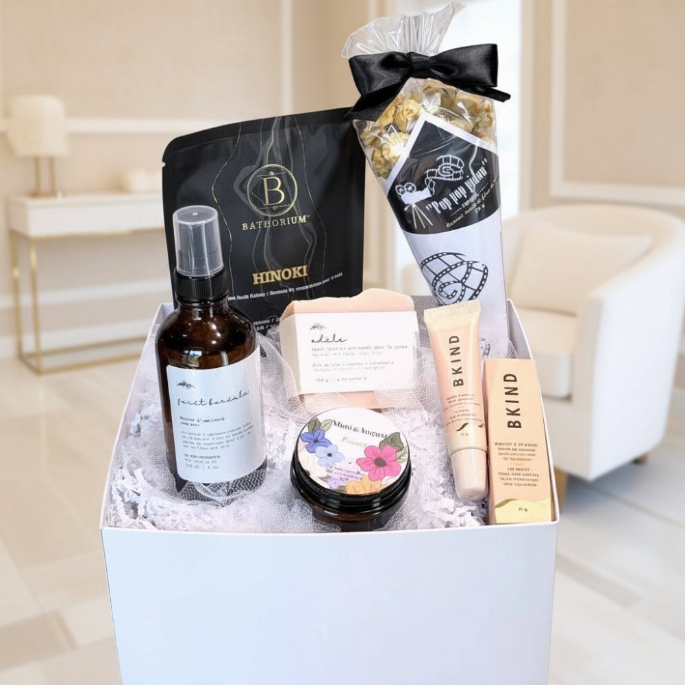 wellness gift for her, with Hinoki Japanese bath salts, house fragrant mist, hand made soap, BKind lip balm candle and popcorn.