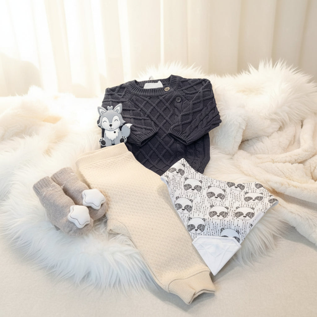 cadeau bébé avec chandail, pantalon, chausson hochets, bavoir a dentition et anneau de dentition