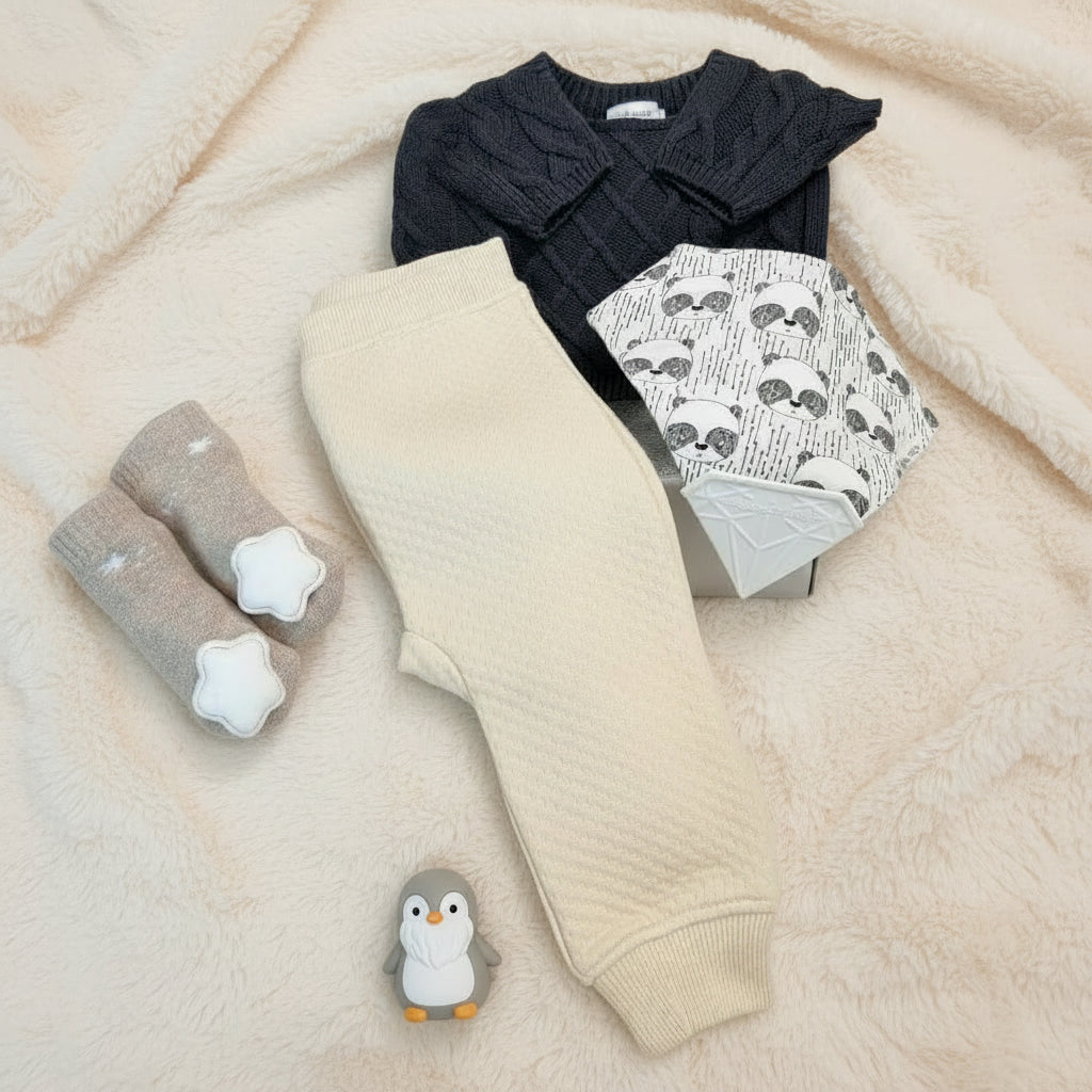 cadeau bébé avec bavoir coton organique, chandail, pantalon, chaussons hochet, et anneau de dentition.