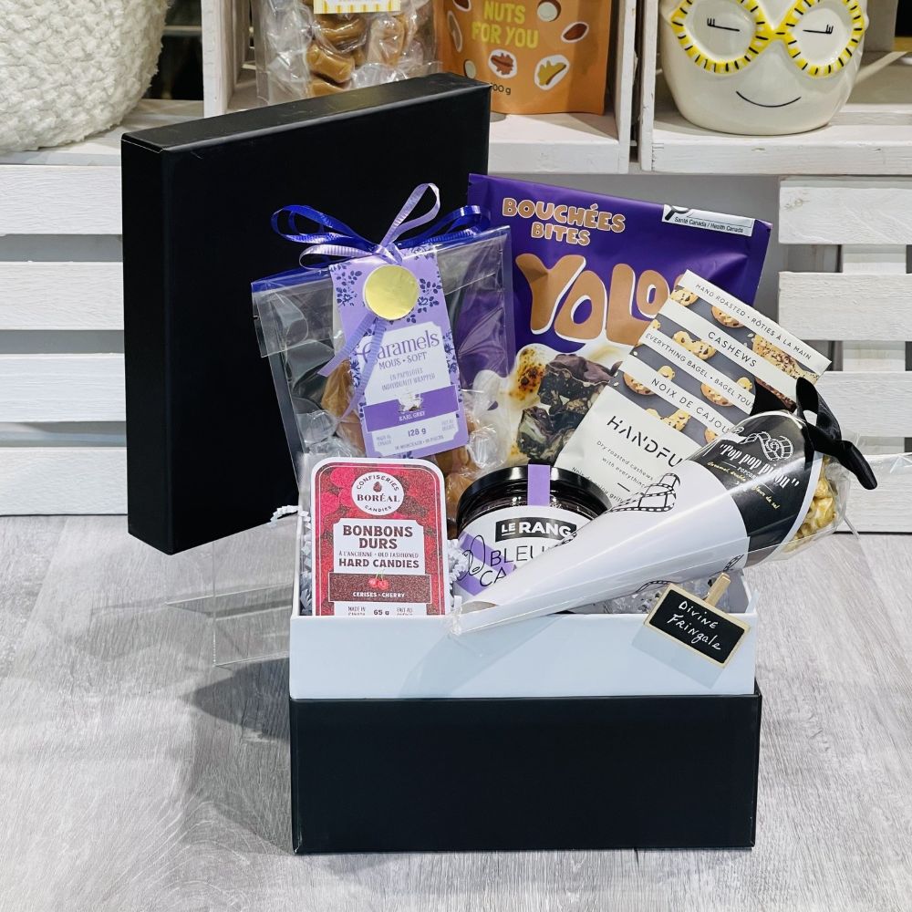 coffret cadeaux avec noix, caramels maison, bonbon artisanales, popcorn au caramel, chocolats et guimauves, noix de cajoux
