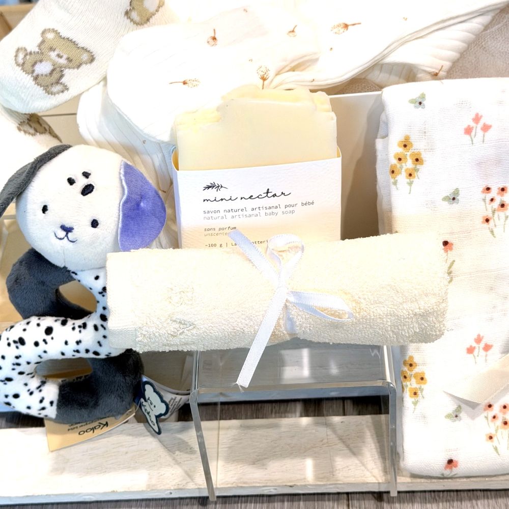 baby gift with blanket, soap, plush toy and bodysuit with Baja washcloth
