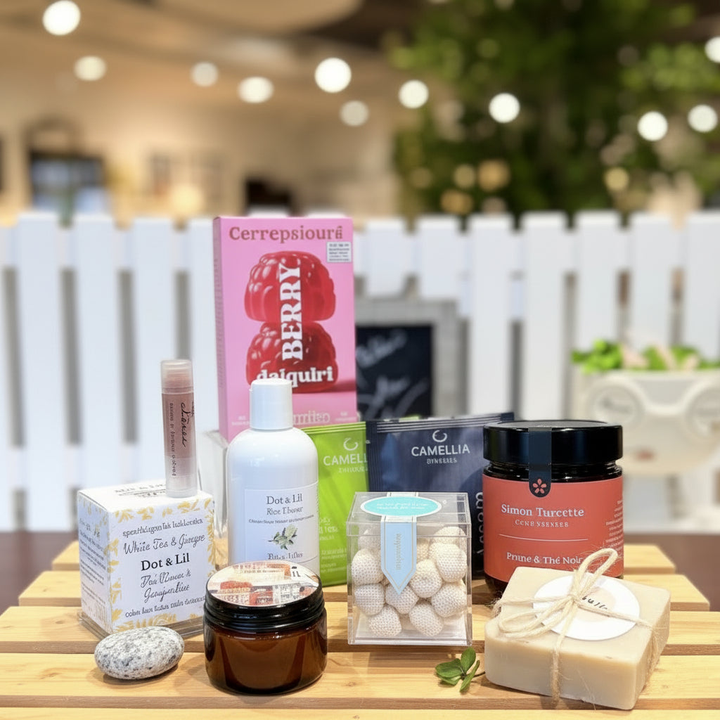 détails du coffret French Flair avec thé, confiture, jujubes au Champagne, bougie, savon BKind, cube effervescent Dot & Lil, et daiquiri gummies.