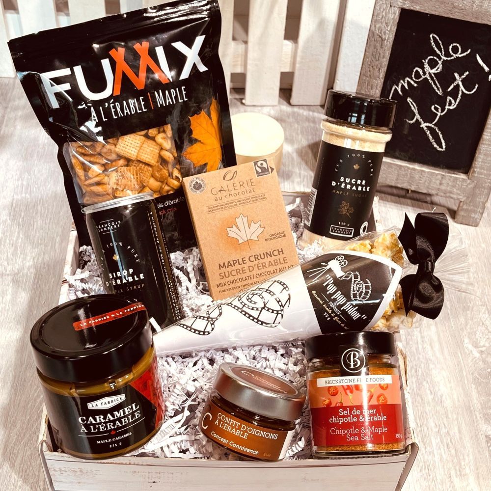 Boîte cadeau avec gourmandises locales à l’érable.
