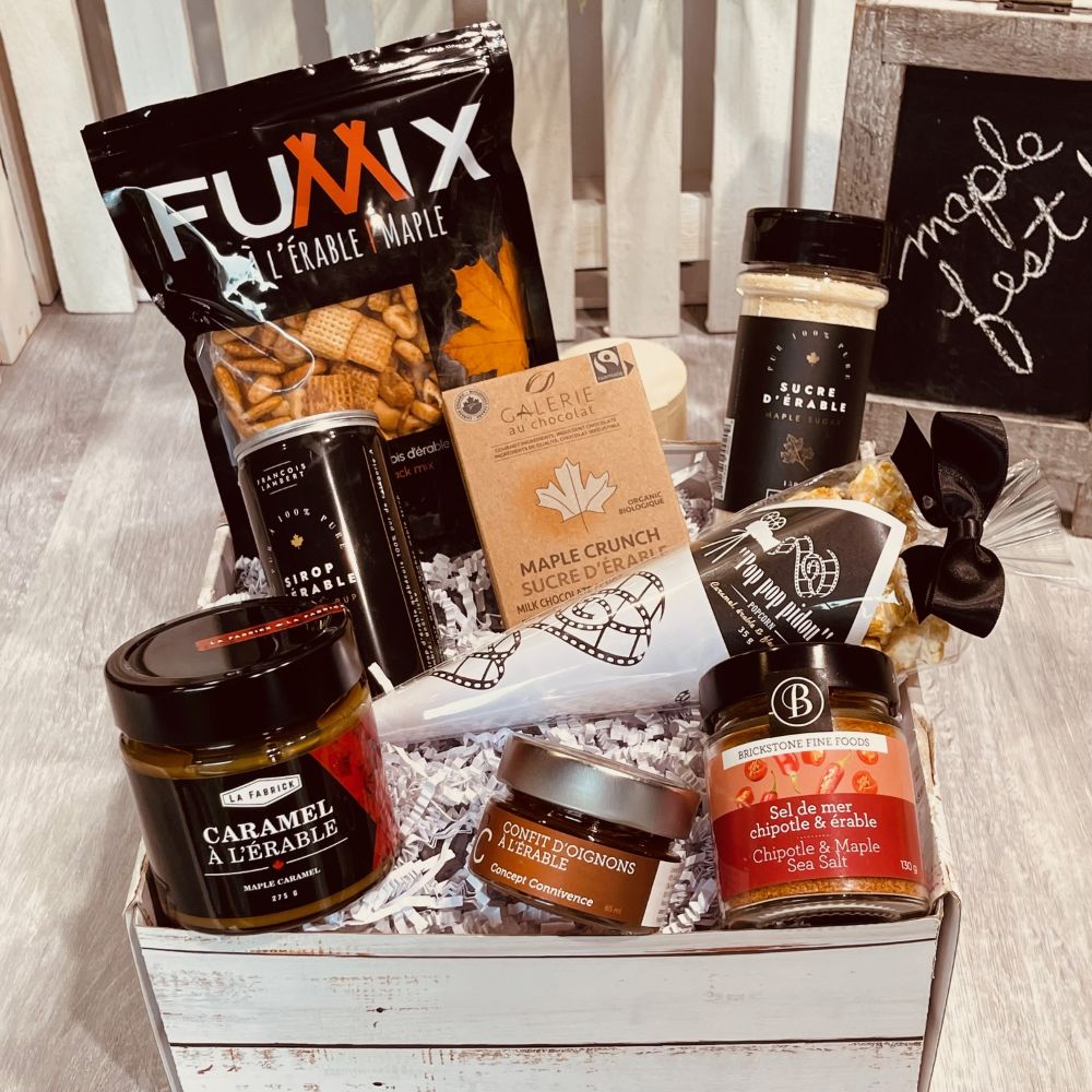 Maple Fest gift basket filled with locally made maple syrup, maple cookies, candies, and gourmet treats.