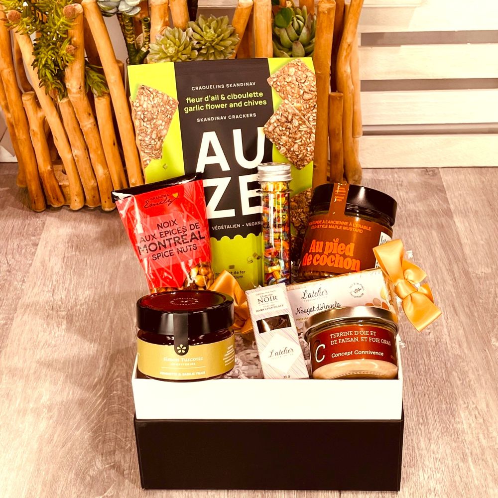 coffret gourmand Le Zurbain avec produits du Québec, moutardes. gelée, terrine d'oie et faisan, craquelins Auze, -Dolce Cadeaux