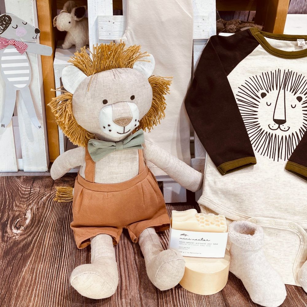 Leopold lion plush toy with overalls, bow tie, and tassel mane – 15 inches