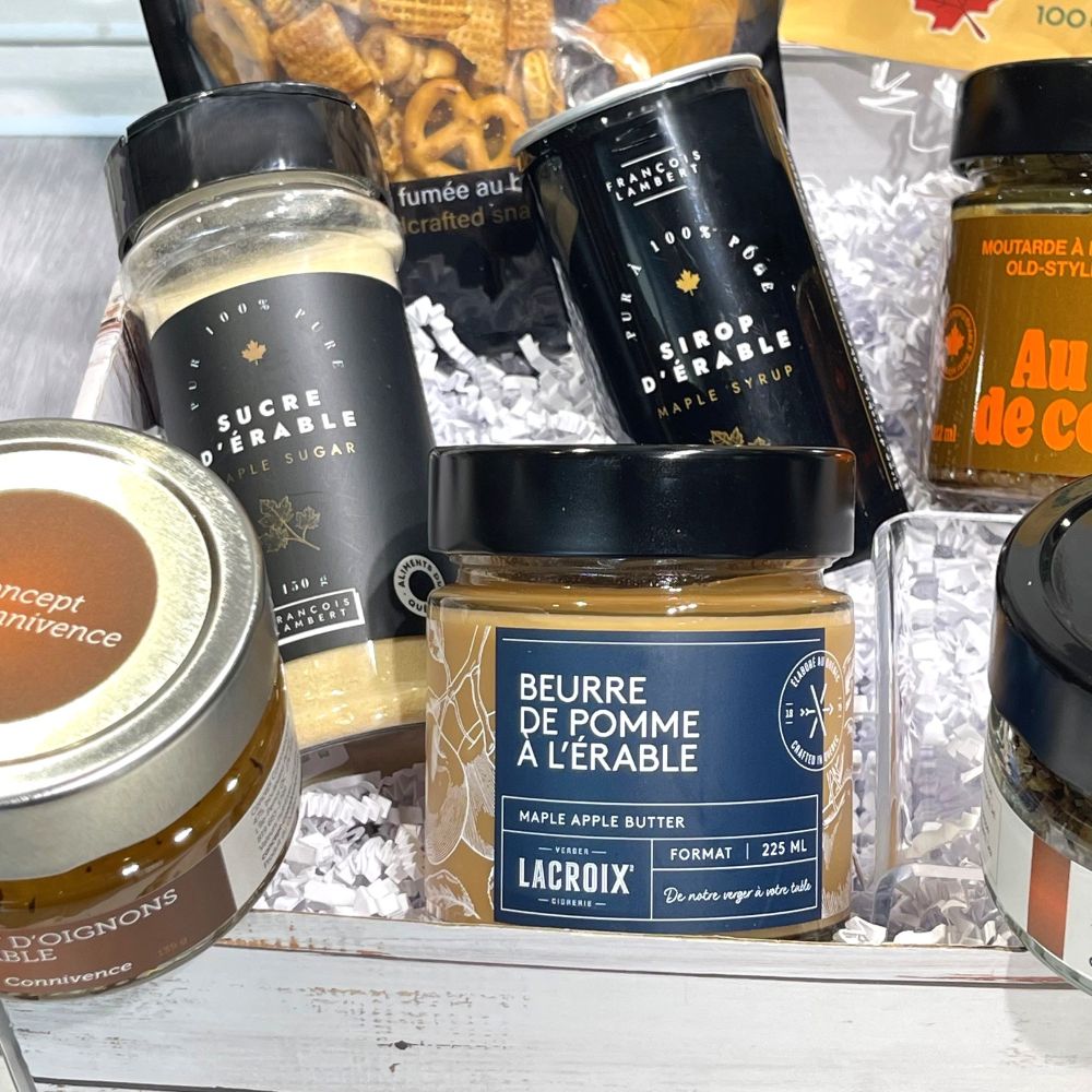 coffret cadeau avec produits du Québec, beurre de pomme à l'érable, sirop d'érable, sucre d'érable-Dolce Cadeaux
