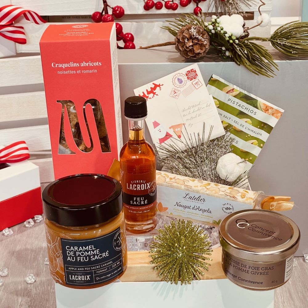coffret gourmand de noel avec produits du Québec, chocolat, craquelins et caramel de pomme au feu sacré et mousse de foie gras à la pomme givrée. Dolce Cadeaux
