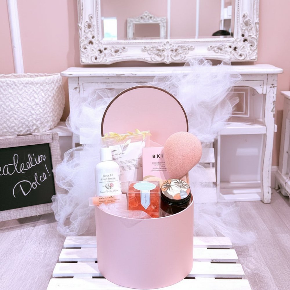 cadeau soin pour elle avec savon konjac Bkind, bougie, jujubes Sugarsin, baume Ă lĂšvres, sel de bain et lait nettoyant Dot & Lil