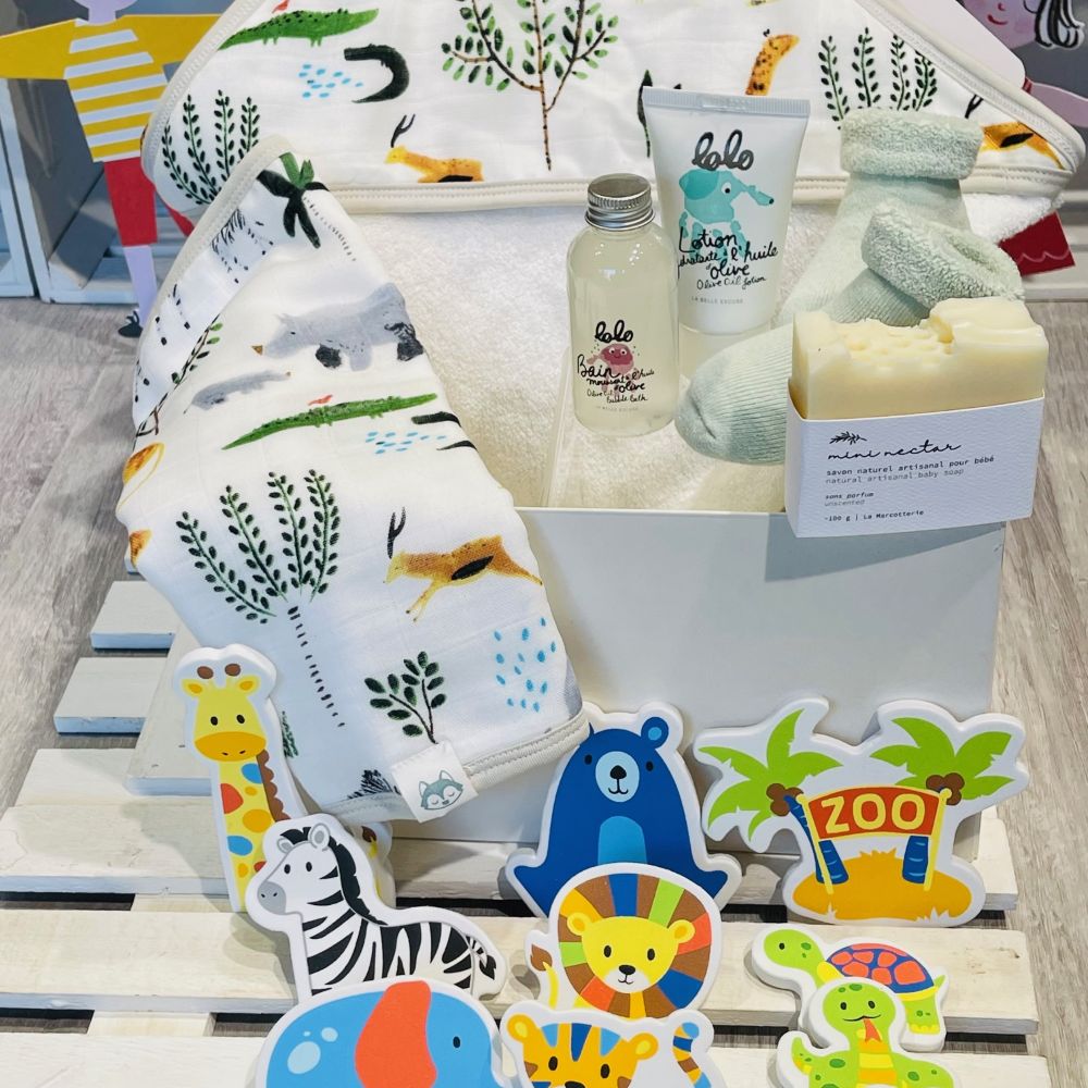 Safari Doodle baby bath towel and washcloth set