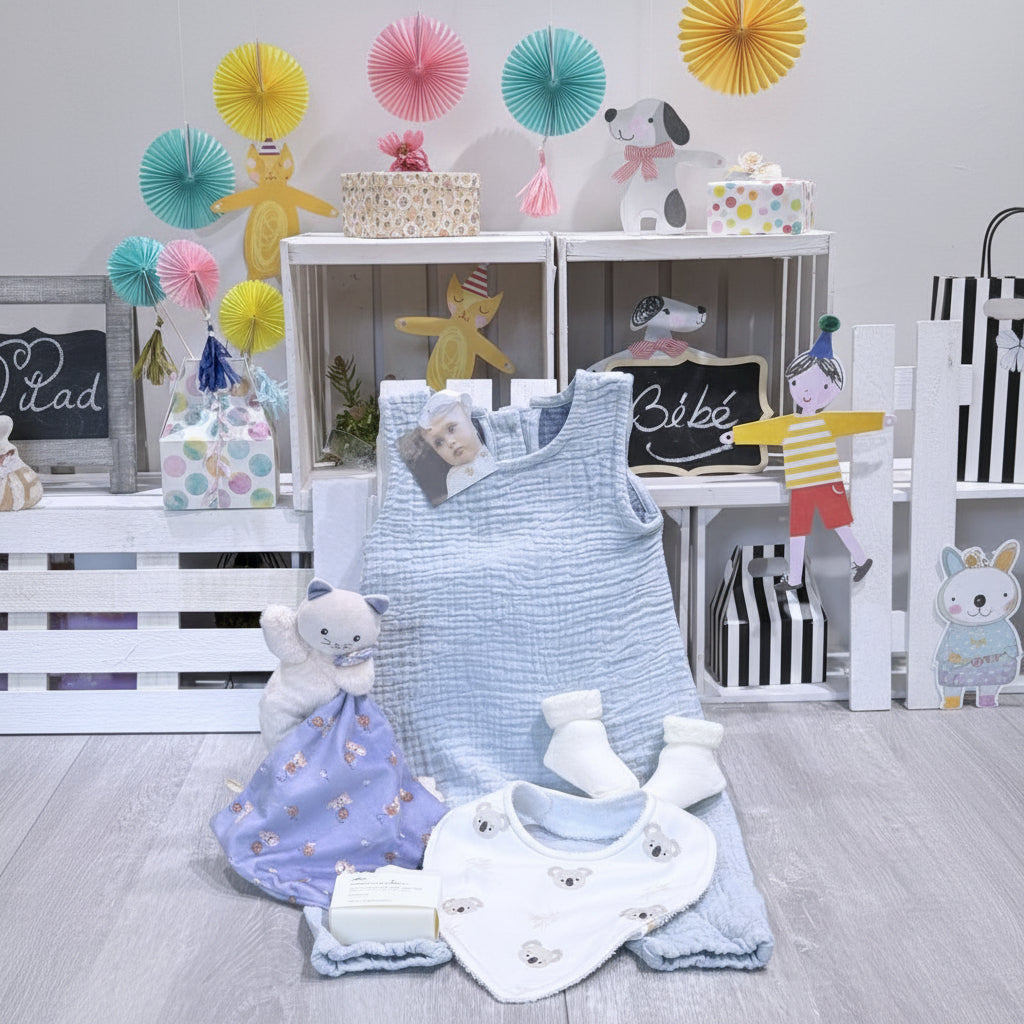 baby gift with beba bean romper, Kaloo kitty plush toy, bib and socks and baby soap