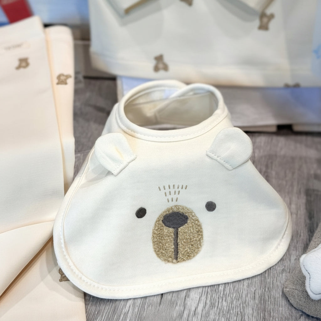 baby gift with bib, organic t-shirt and pants and rattle star socks