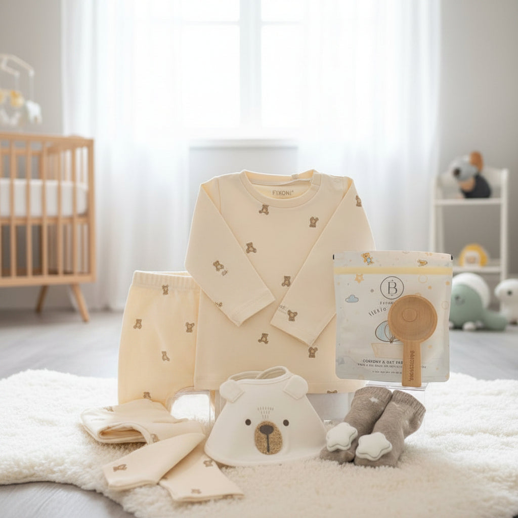 ensemble bébé avec chandail et pantalon assorti 100% coton biologique, bavoir, chaussons avec hochet et cuillère de bamboo et savon pour bbébé