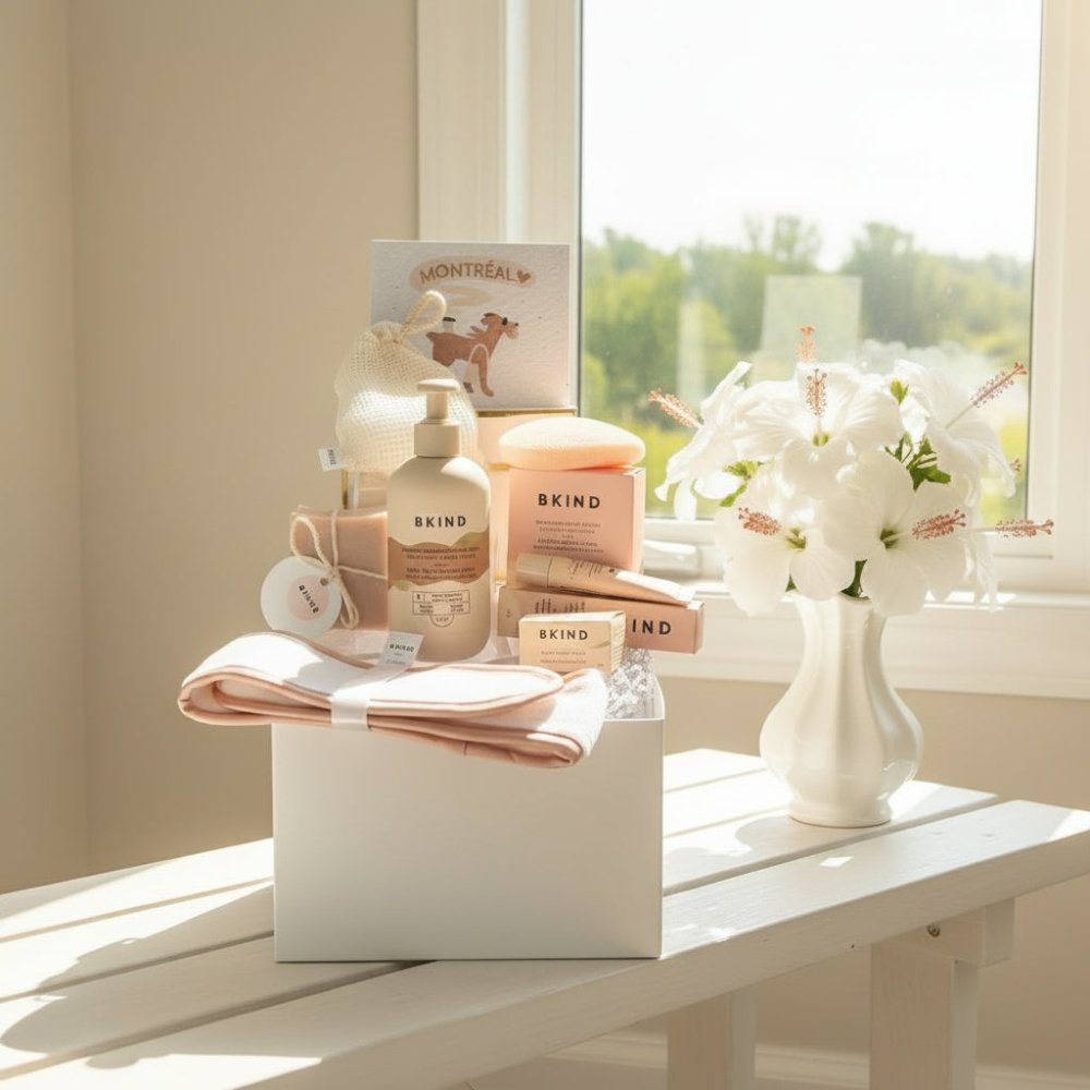 cadeau BKind contient lotion, éponge konjac, savon, baume pour lèvres, sac exfoliant, démaquillant et carte plantable.