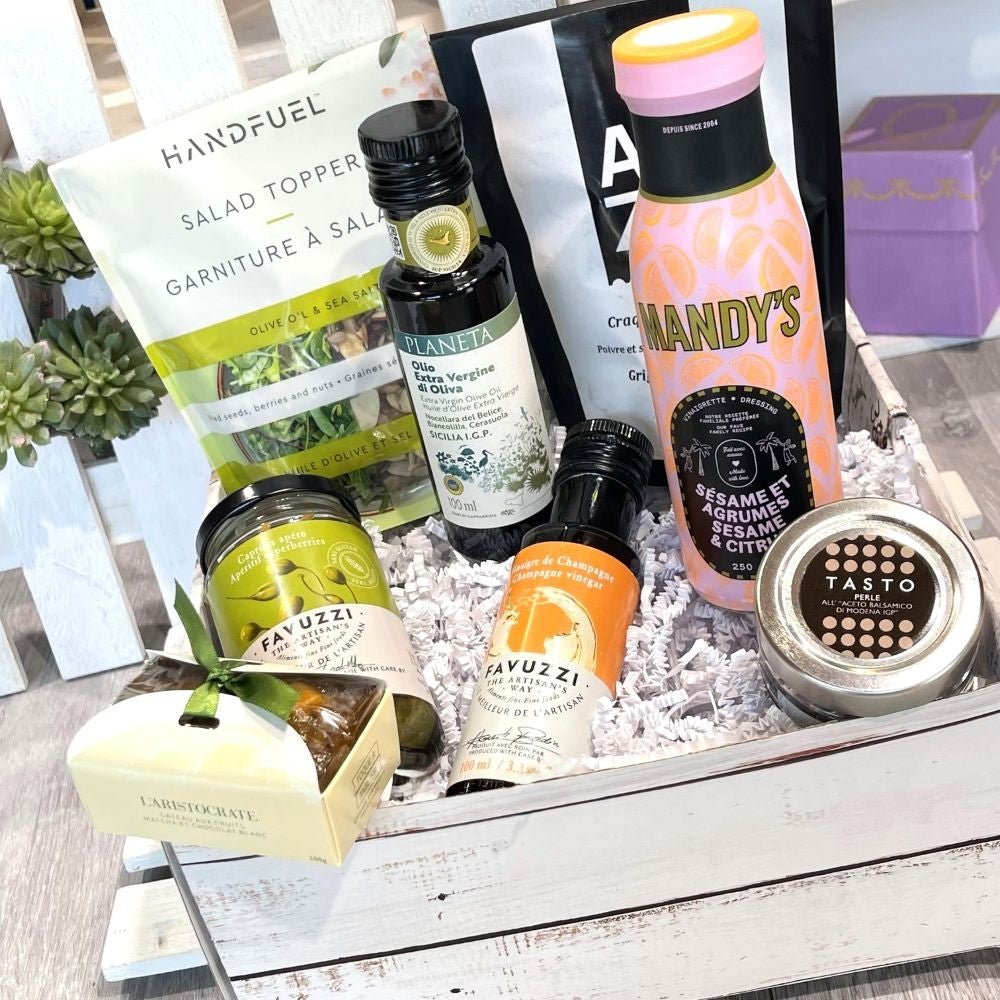 coffret gourmand avec vinaigrette, huile d'olive, gâteau épicurien, perles balsamique et garniture à salade-Dolce Cadeaux