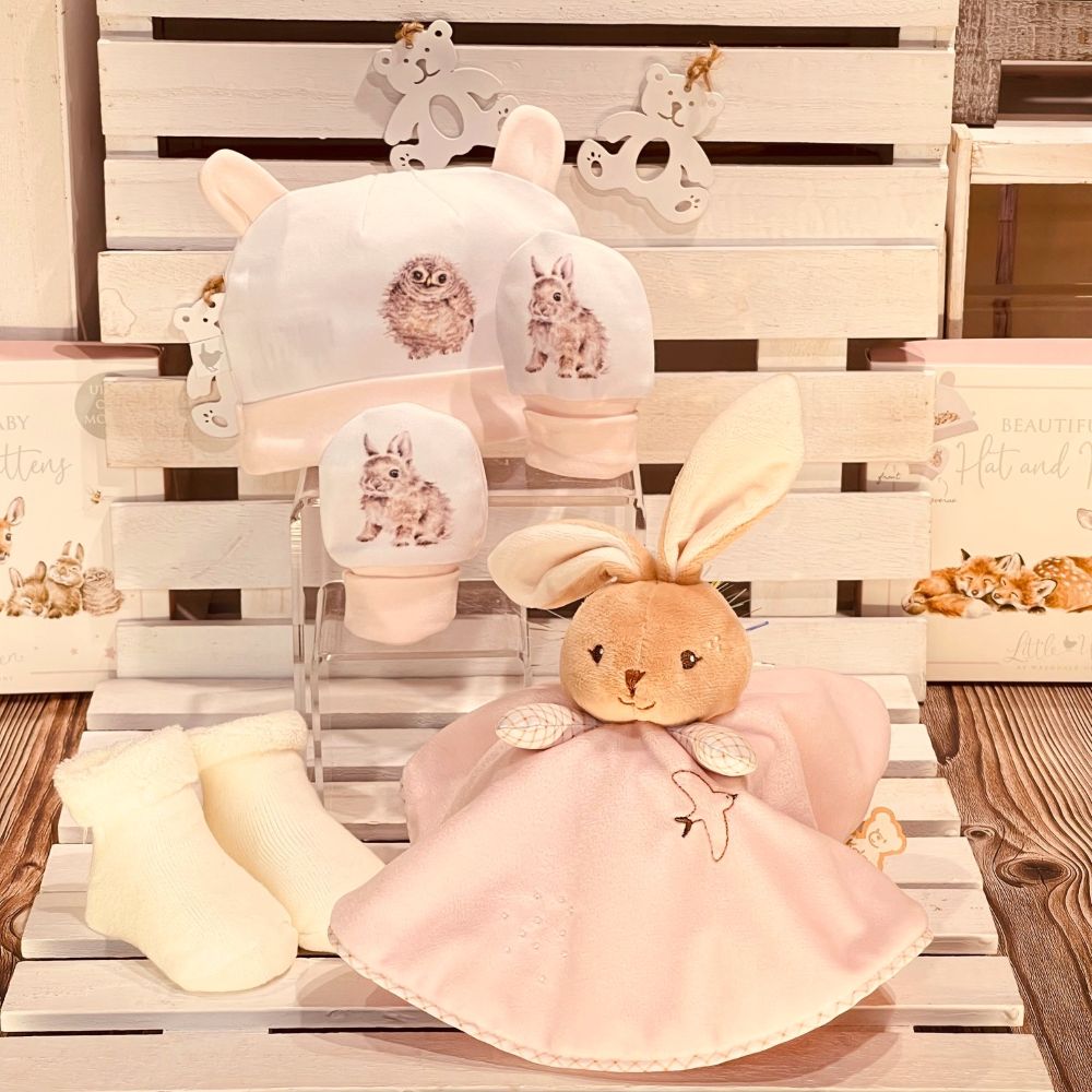 Coffret cadeau naissance fille avec bonnet double imprimé et peluche