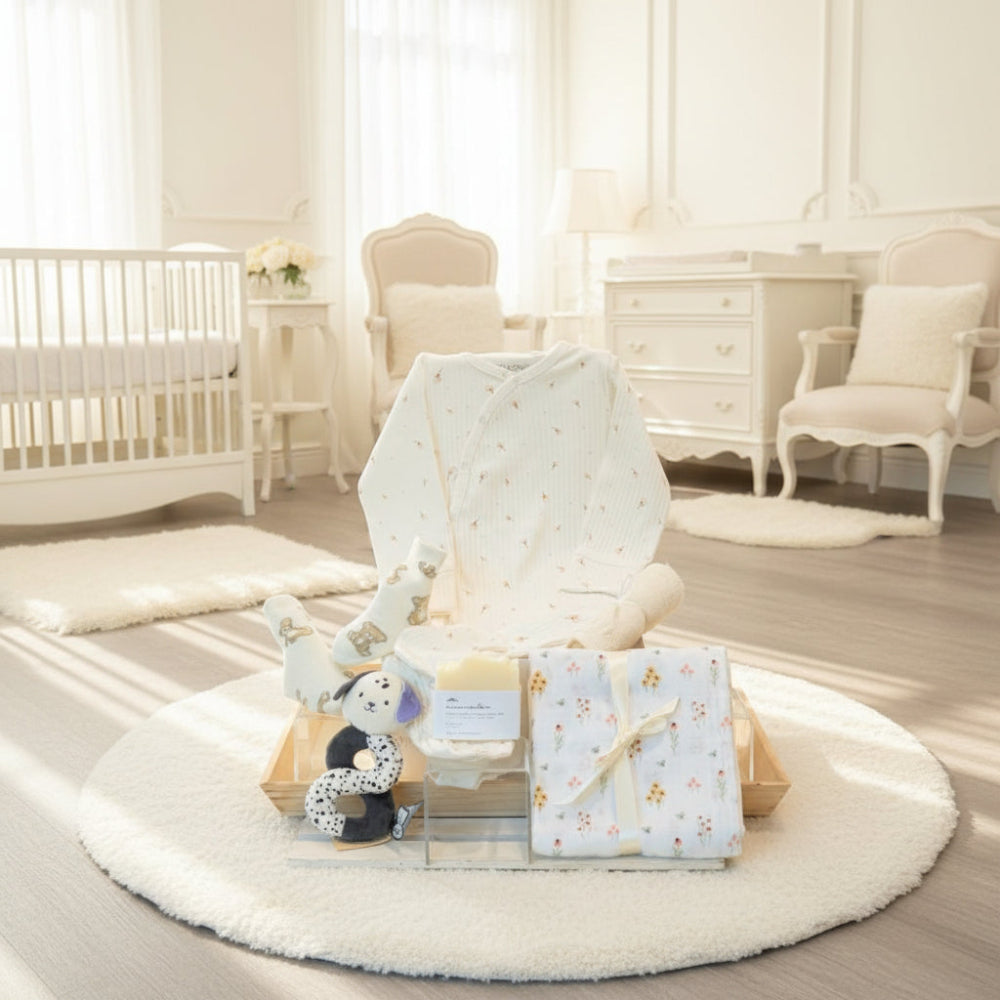 baby gift with swaddle blanket, bodysuit, socks, soap and plush kaloo toy.