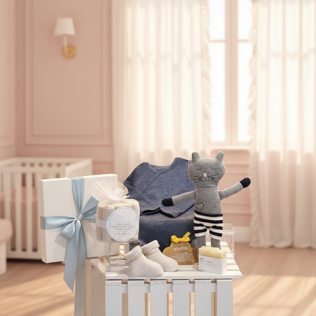 ensemble cadeau naissance, body coton biologique, chaussons, savons et Winston le chat, Dolce Cadeaux