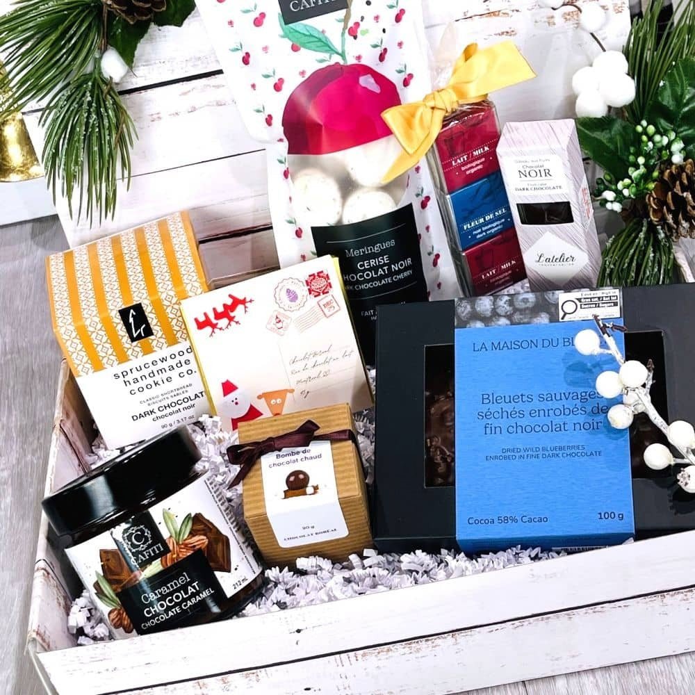 divine chocolate gift basket for Christmas-chocolate, bar, chocolate spread and all chocolate products.Dolce Cadeaux