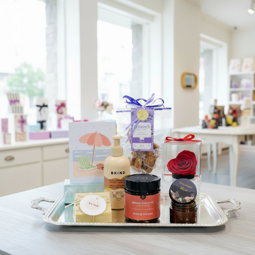 coffreet cadeau pour elle avec lotion Bkind, rose éternelle, savon BKind, caramels,confiture et bougie.