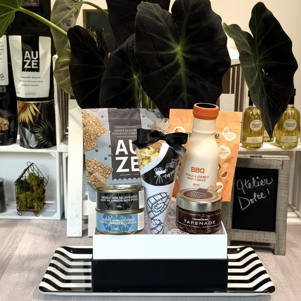 cadeau rempli de produits du Québec, sauce BBQ à l'érable,tapenade,craquelins, popcorn et noix Toi et Moi