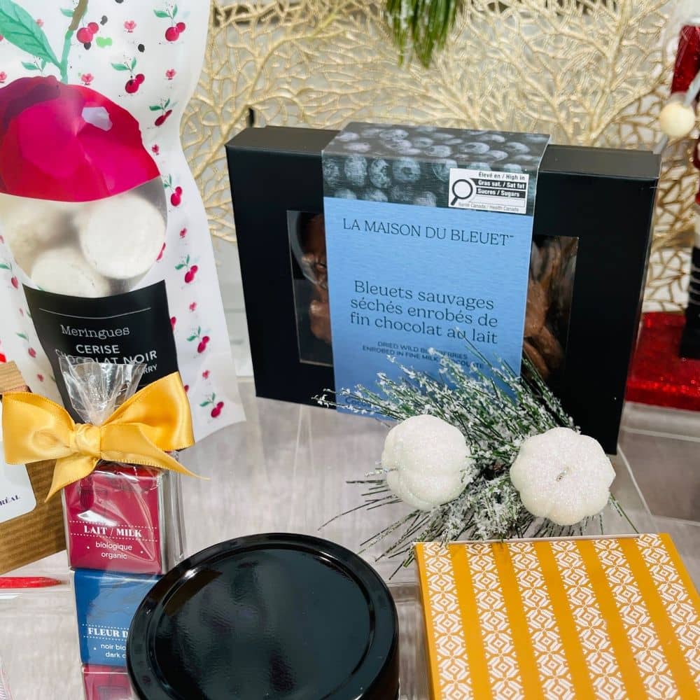 Chocolate only Christmas feast gift basket with blueberry chocolates, meringues, chocolate shortbread cookies, chocolate spread- Dolce Cadeaux