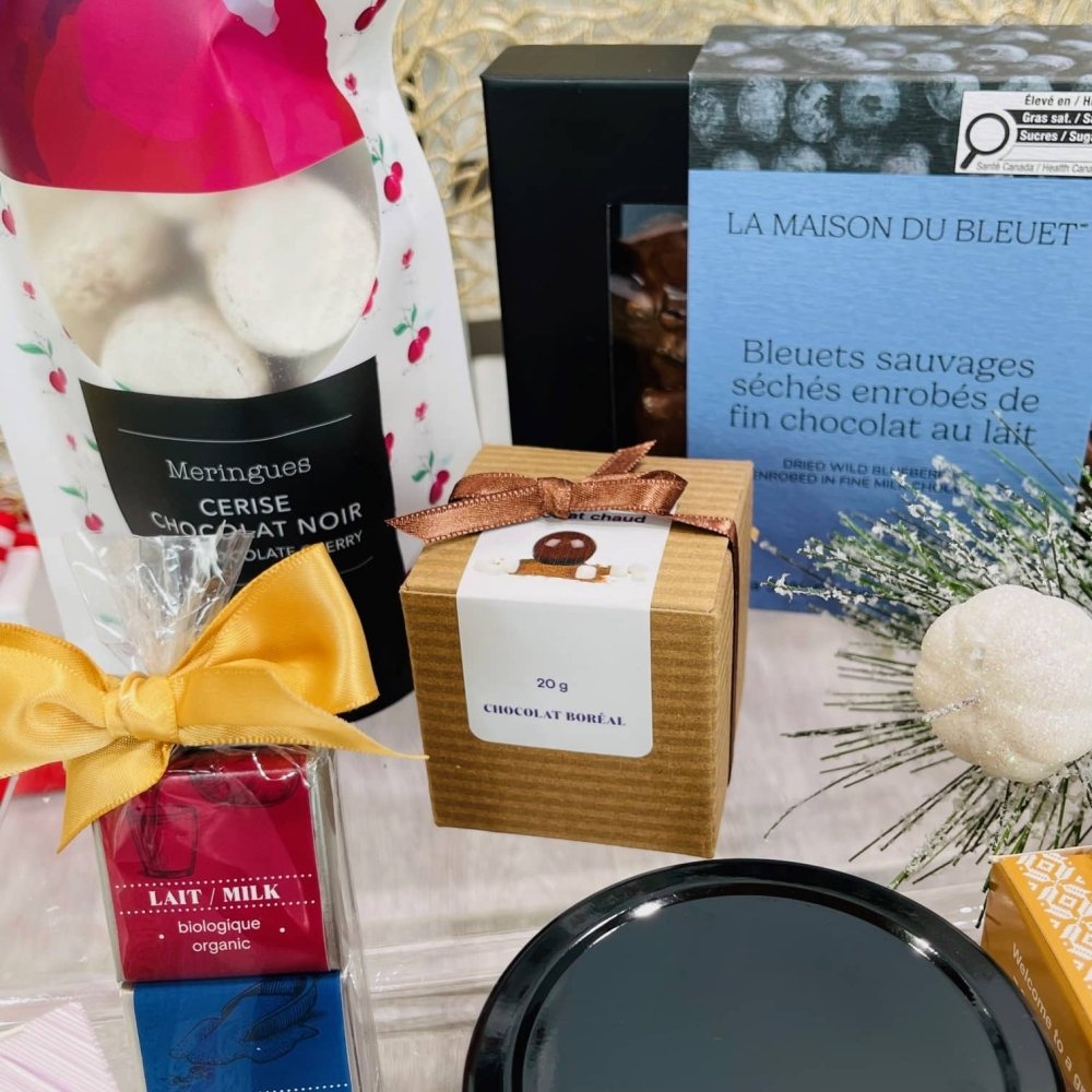 boite gourmand au chocolat seulement avec chocolat chaud, meringues au chocolate et boite de chocolat aux bleuet - Dolce Cadeaux