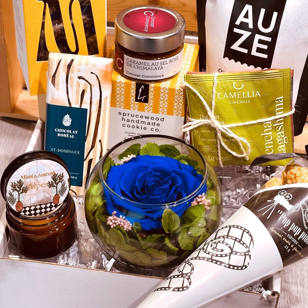 coffret cadeau pour décès, condoléances, et sympathie avec bougie, thés, popcorn, chocolat du Québec - Dolce Cadeaux