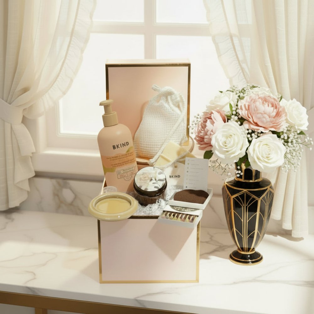 cadeau pour elle avec lotion pour le corps, encens Hibi, sac exfoliant, bougie Mimi et August, savon Bkind et porte encens japonais