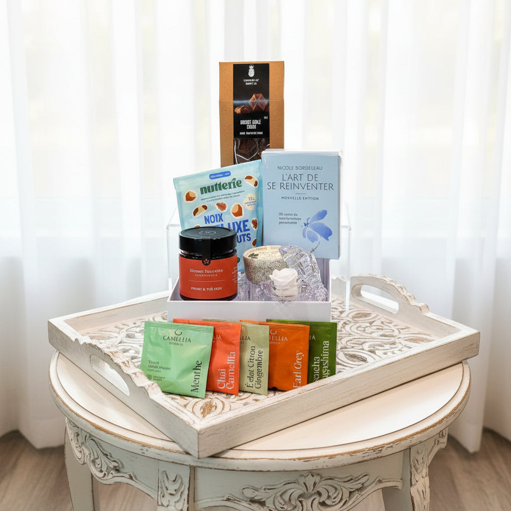 cadeau zen avec livre de Nicole Bordeleau, confiture, noix, thé bio, bougie et rose préservée