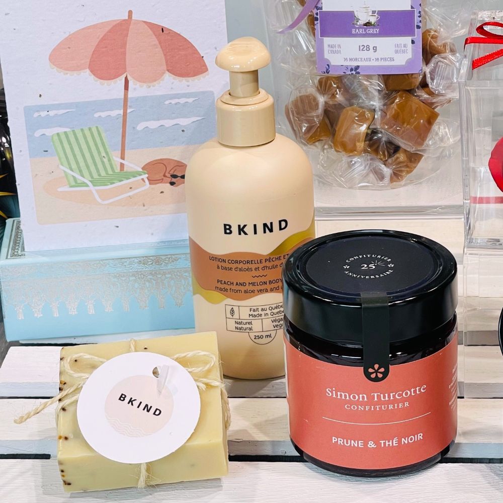 curated gift box including BKind products, plum and black tea jam,soap and preserved heart shaped rose.