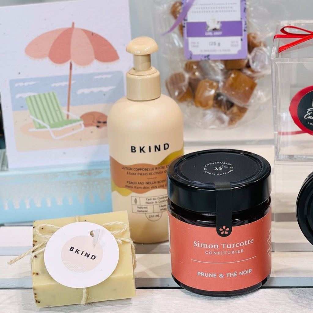 curated gift box including BKind products, plum and black tea jam,soap and preserved heart shaped rose.