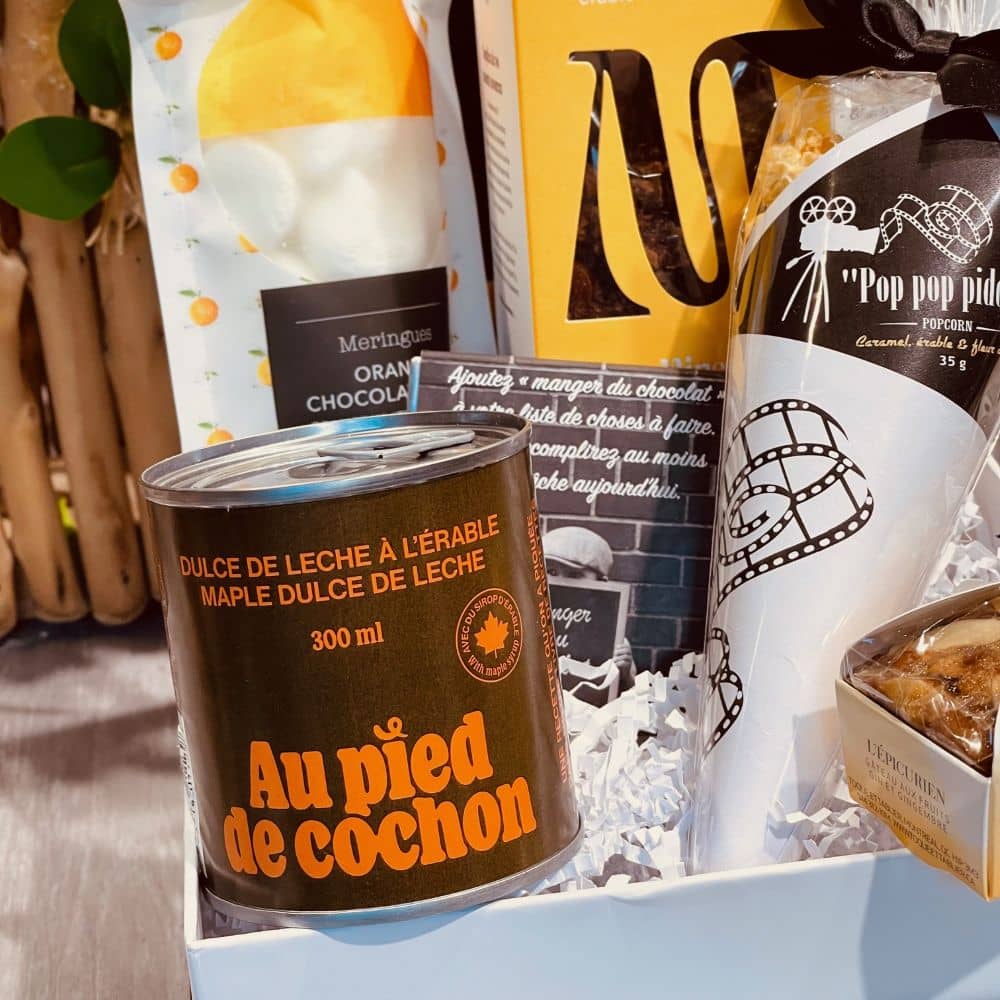 The Foodie gift box filled with the best local products, fleur de sel popcorn, handmade meringues, mixes specialty nuts, chocolate themed, specialty mini fruit cake- Dolce Cadeaux