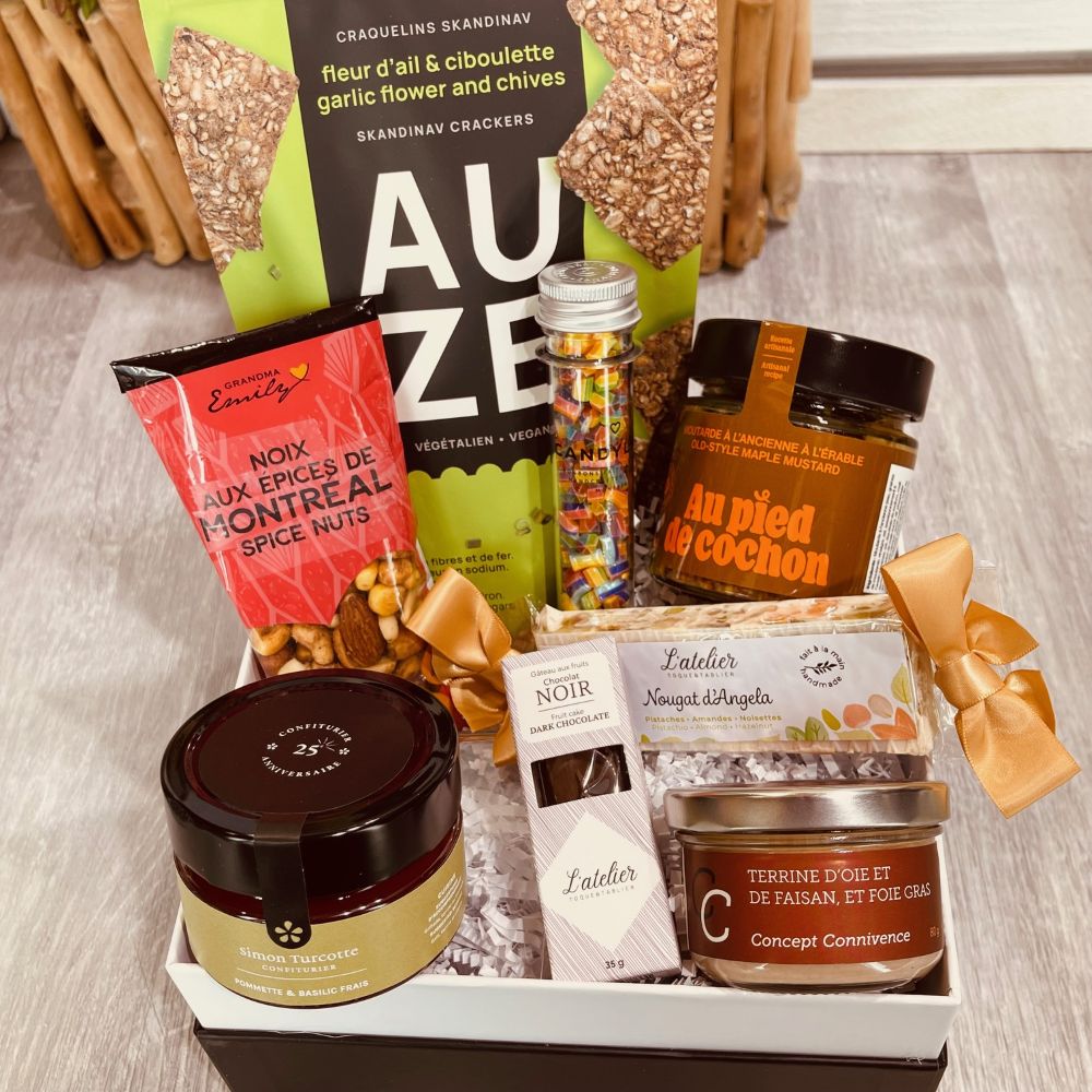 local quebec artisan gift box with maple mustard, Montreal spice nuts, terrine, chocolate and Candylab candies-Dolce Cadeaux