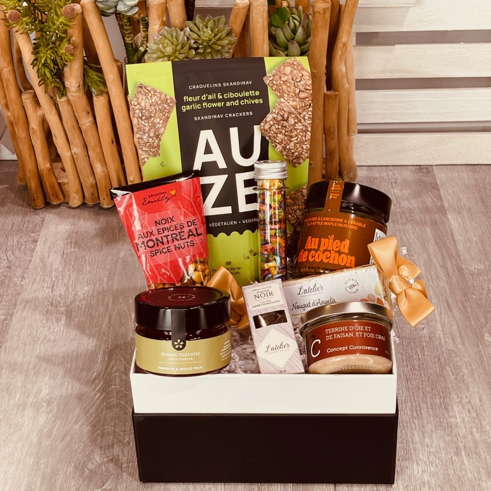 Local Quebec artisan products in gift box with handmade nougat,maple mustard,crackers,Montreal Spice Nuts - Dolce Cadeaux
