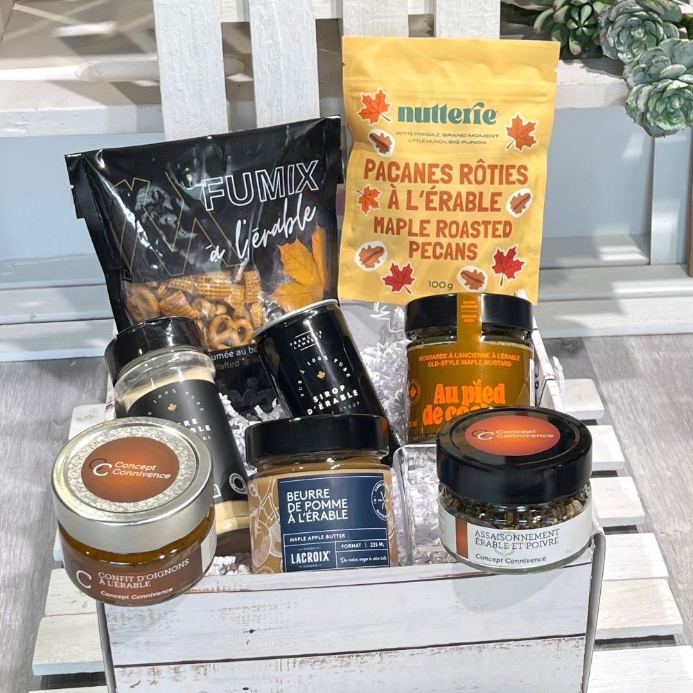 cadeau de produits de l'érable du Québec, confit d'oignons, beurre de pomme érable,moutarde et sirop d'érable-Dolce Cadeaux