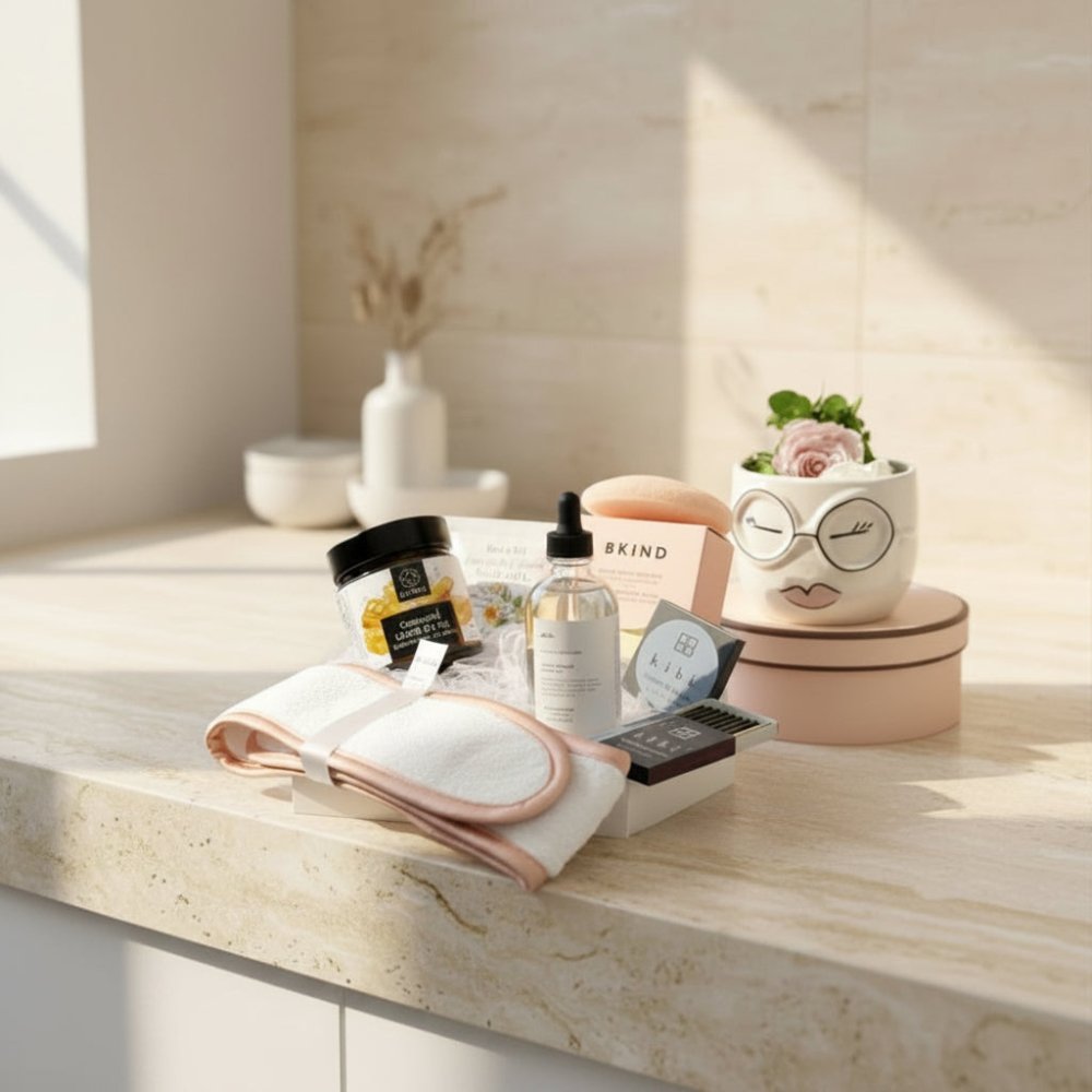 cadeau pour elle avec éponge konjac BKind, huile de massage, encens hibi, bandeau pour cheveux, lait de bain et tartinade de caramel a la fleur de sel.