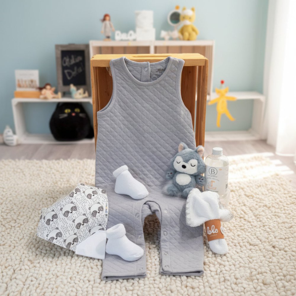 cadeau naissance avec bavette, peluche, savon bulles, chaussons et bavoir de dentition.