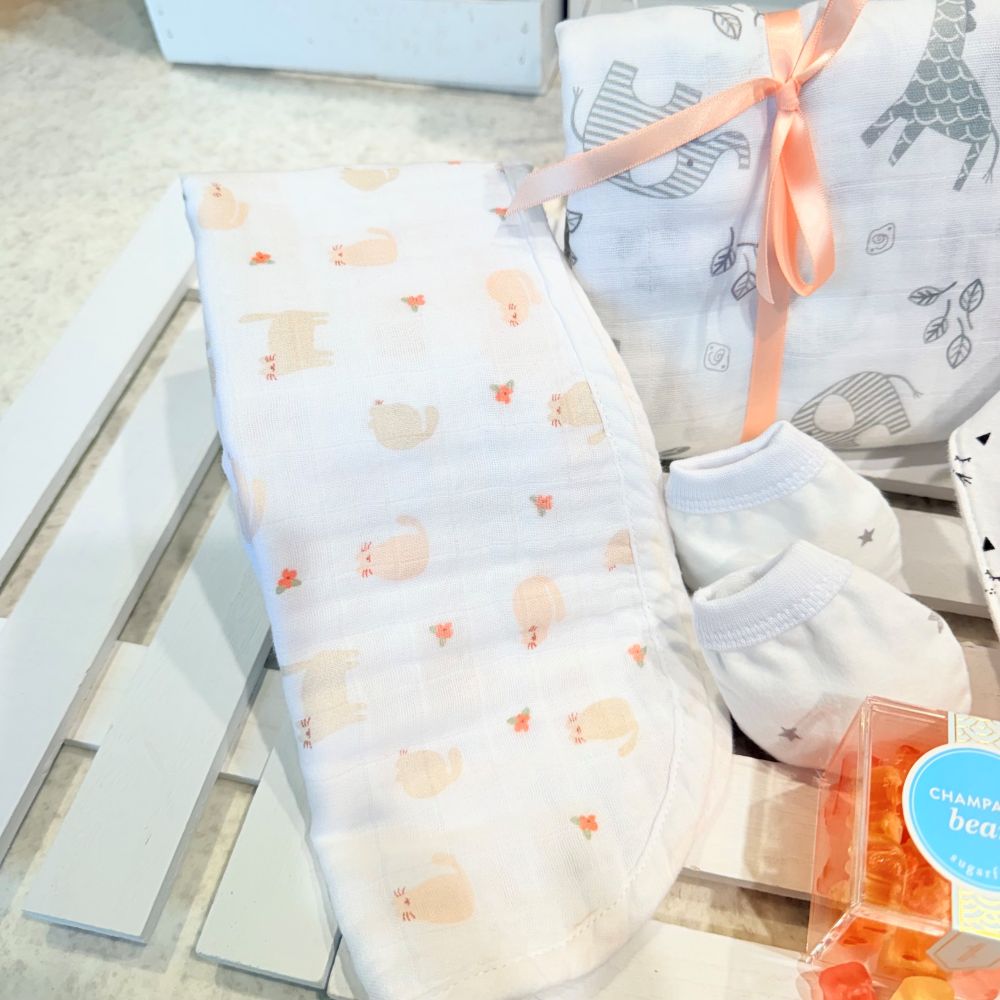 cadeau bébé fille avec bavoir, couverture, mitaines protection,champagne bear gummies et bavette