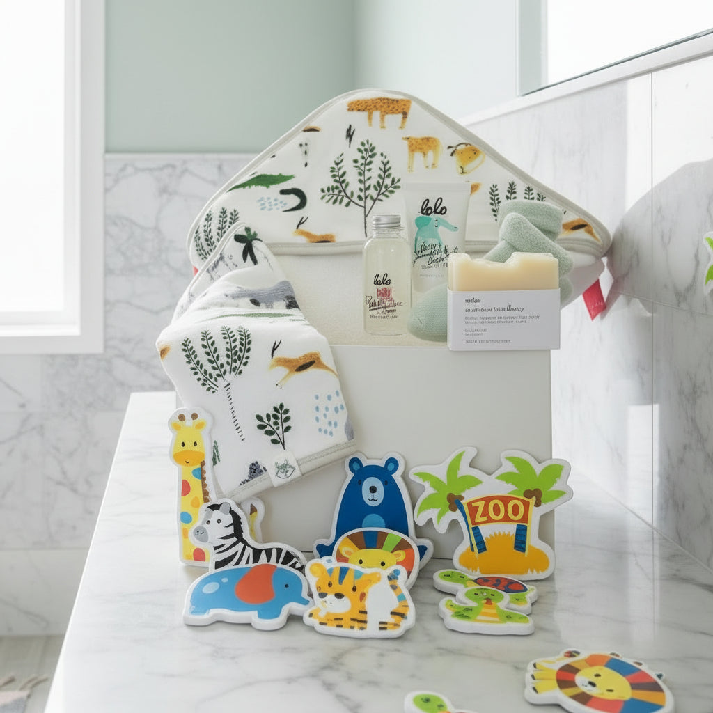 Safari Doodle baby bath towel and washcloth set